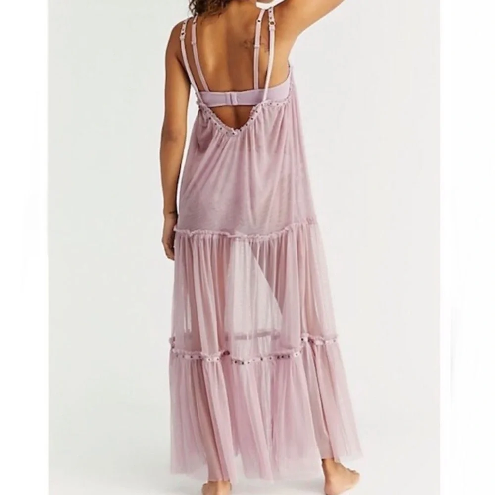 FREE PEOPLE NIGHT OUT SLEEVELESS TULLE MAXI SLIP DRESS SMALL MEDIUM PALE PINK - Picture 5 of 9